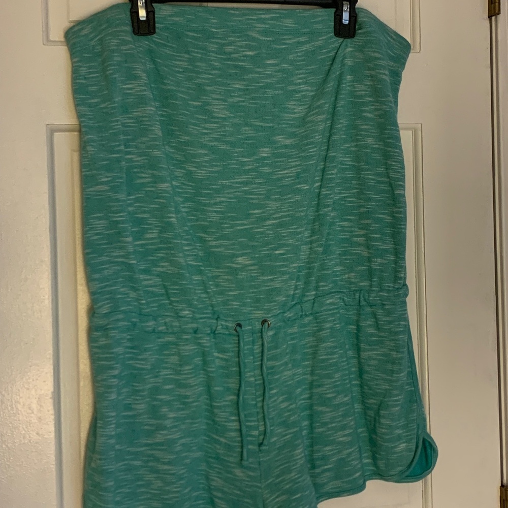 Teal/greenish colored romper with pull tie in the front. Size XL